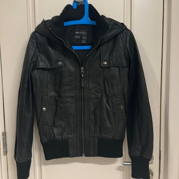 Mango Jackets & Blazers - MANGO 100% Sheep Leather Black Bomber Jacket with hood & lining and pockets !